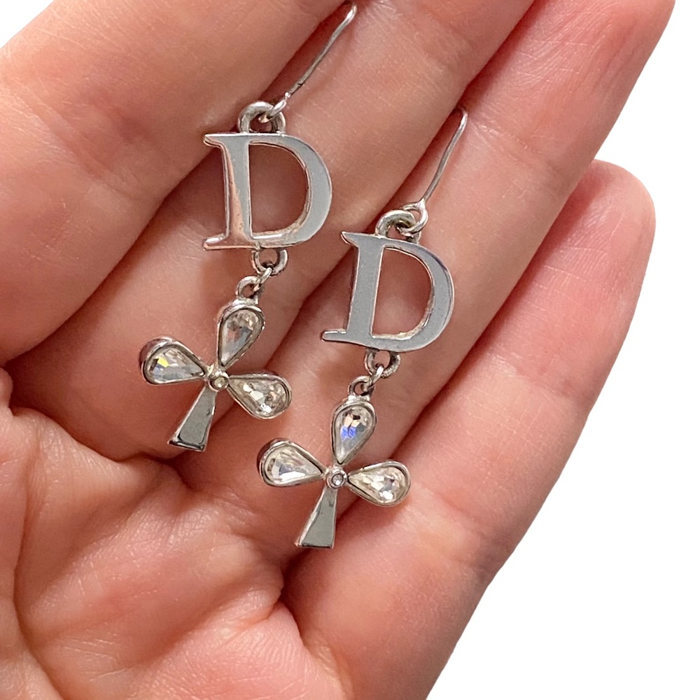 AUTH VTG Christian Dior Silver D Charm Logo Crystal Clover Dangle Hook Earrings - Picture 3 of 13